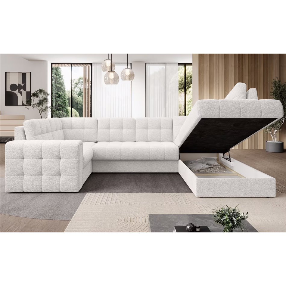 П-образный угловой диван Elewett R, раздвижной, Royal 01, букле, белый, H82x299x198cm