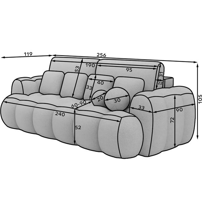 Sofa bed Elcotonn, sleeping function, Royal 20, boucle, beige, H105x256x119cm