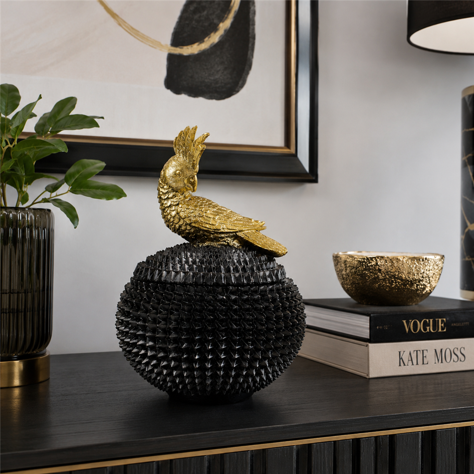 Deco figurine box with lid Bird, black/gold color, H21x15x15cm