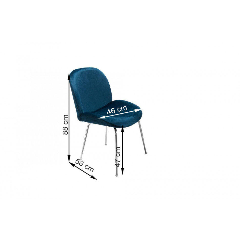 Dining chair Troja, blue colour, velvet, 58x46x88cm, seat height 47cm