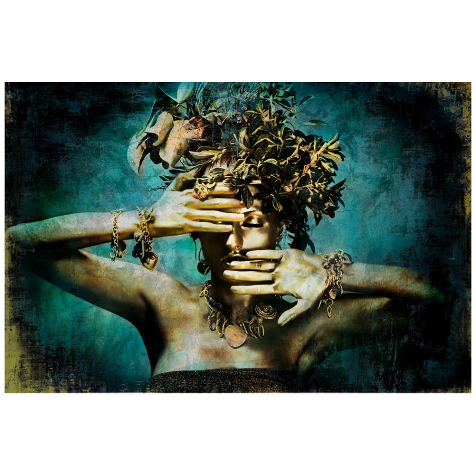 Glass pic. Gold-coloured beauty with leaf decorati, 80x120cm