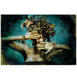 Glass pic. Gold-coloured beauty with leaf decorati, 80x120cm