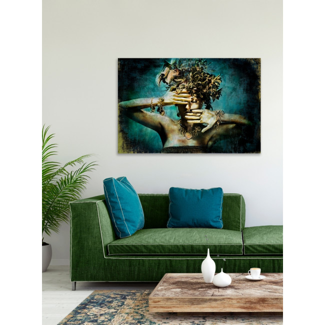 Glass pic. Gold-coloured beauty with leaf decorati, 80x120cm