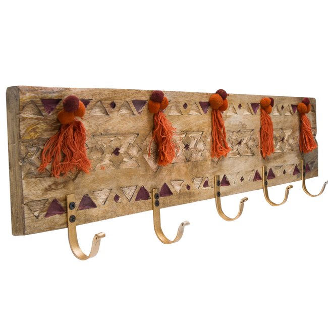 Hanger Haci with 5 hooks, wood, H17x2x67.5cm
