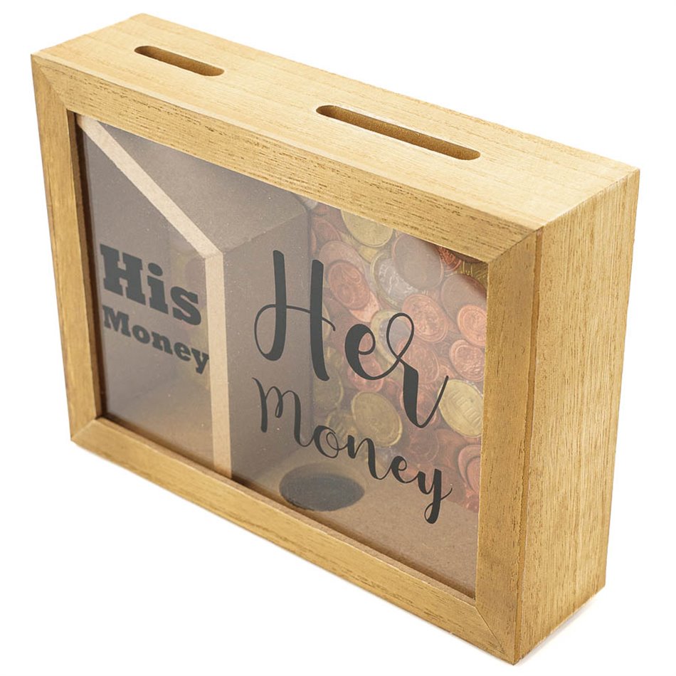 Saving box His and Her money, wooden, 20x15cm