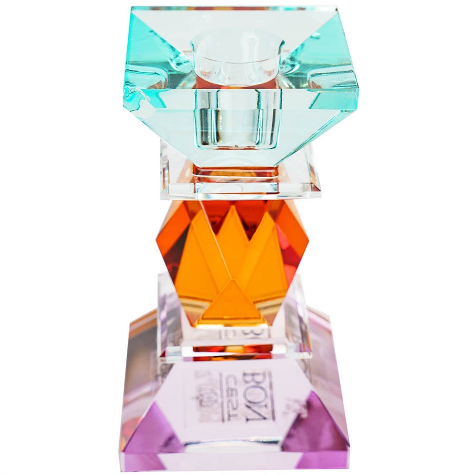 Crystal candleholder, violet/amber/mint, H11x5.8x5.8cm