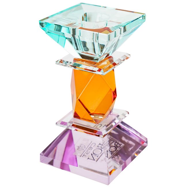 Crystal candleholder, violet/amber/mint, H11x5.8x5.8cm