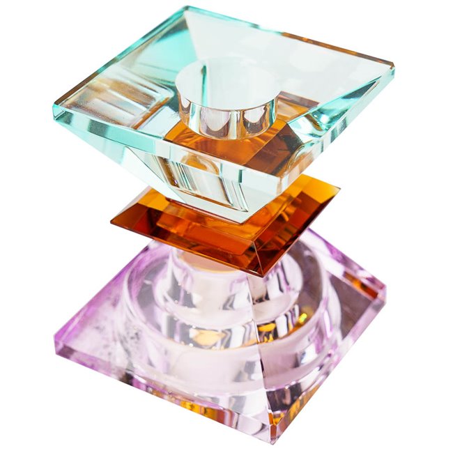Crystal candleholder, violet/amber/mint, H7.4x6x6cm