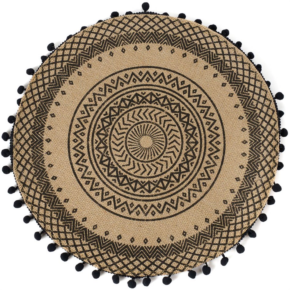 Placemat Agulo black, printed jute with pompom, DIA38CM
