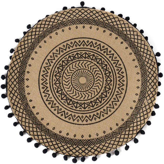 Placemat Agulo black, printed jute with pompom, DIA38CM