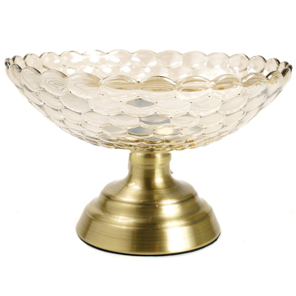 Glass bowl footed, glass/metal, amber/bronze, D24x15cm