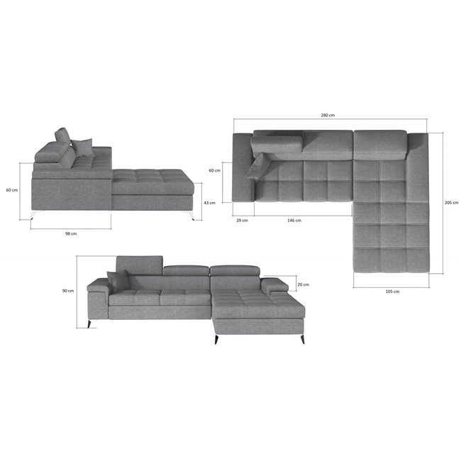 Corner sofa Elcardo R, Monolith 63, pink, H90x280x60cm