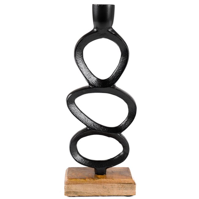 Candlestick on mango wood base metal black
