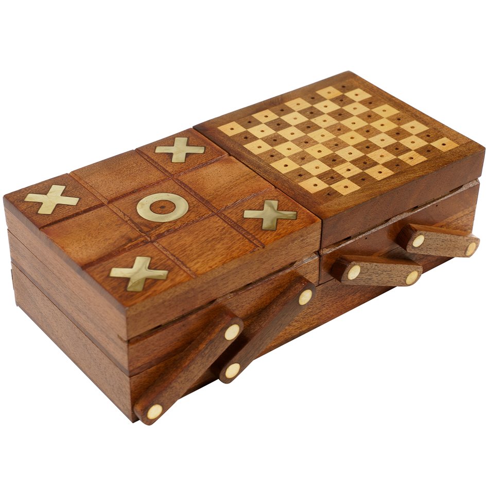 Wooden/brass game box w/set of 4 games, 26x13xH6.5cm