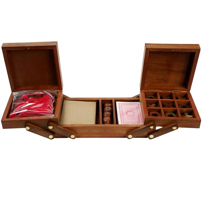 Wooden/brass game box w/set of 4 games, 26x13xH6.5cm