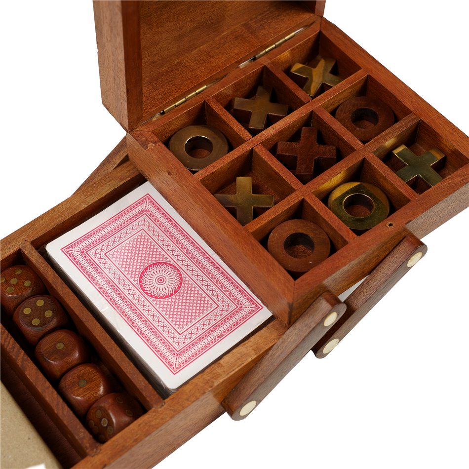 Wooden/brass game box w/set of 4 games, 26x13xH6.5cm