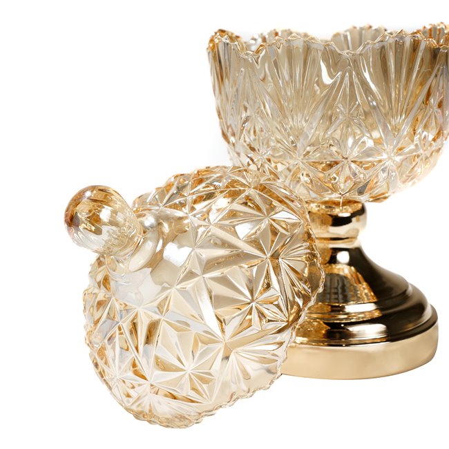 Миска с крышкой, янтарный цвет, cтекло/металл, 25x13x13cm