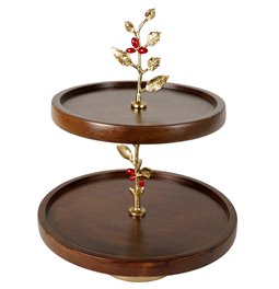 Wooden 2 tier oden fruit stand w/leaf/ redberry, D30.5x38cm