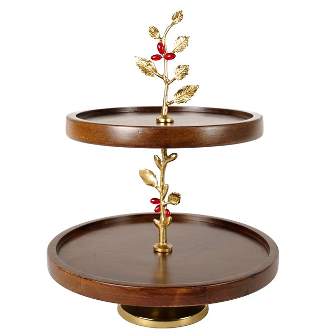 Wooden 2 tier oden fruit stand w/leaf/ redberry, D30.5x38cm