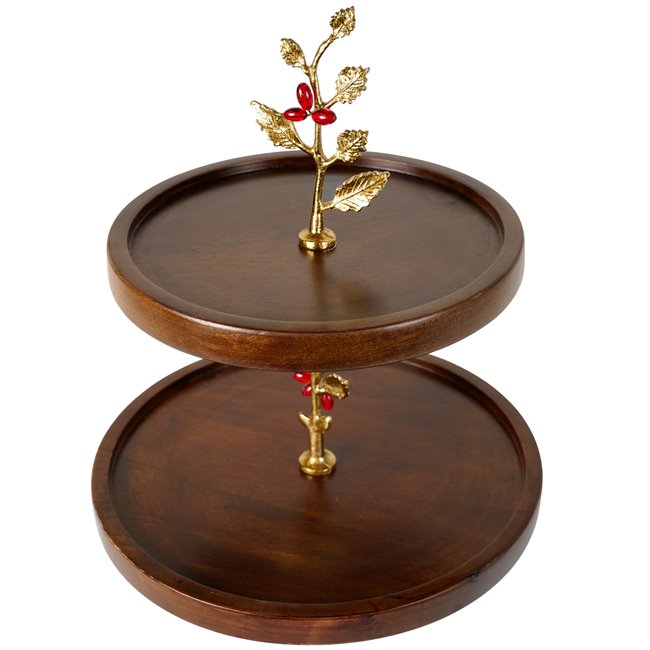 Wooden 2 tier oden fruit stand w/leaf/ redberry, D30.5x38cm