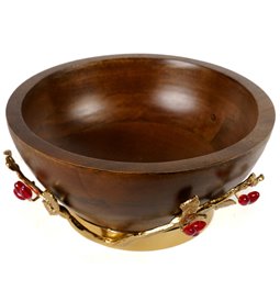 Woode bowl w/leaf/ redberry, D27x13x16.5cm