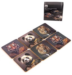 Coaster x6 Jungle Animal Head, 10x10cm