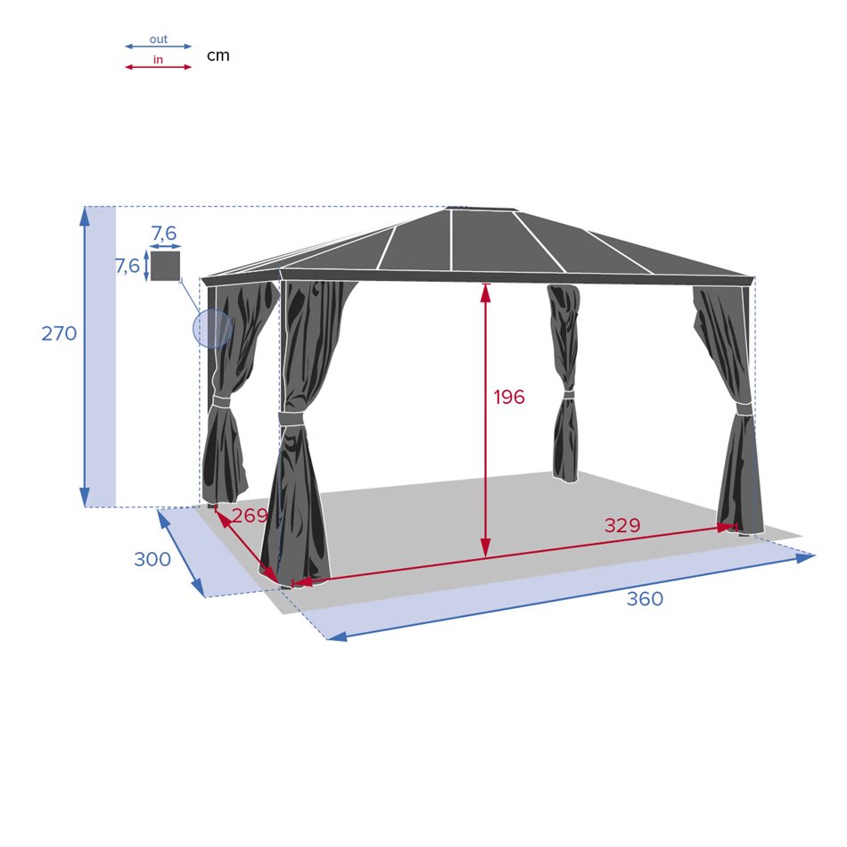 Gazebo Labelize 3x3.6m, graphite/grey color, polycarbonate H270x360x300cm