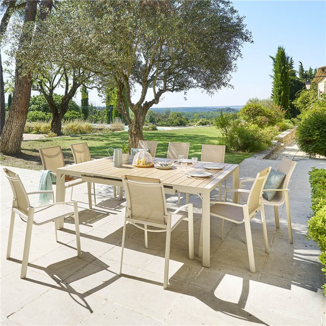 Table Laevasion, 10-seater, extendable, linen/clay color, aluminium, H77x142x142-202cm