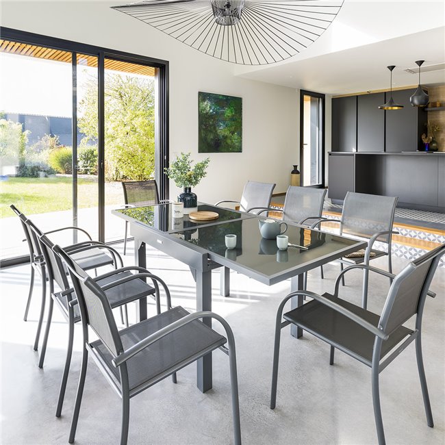 Pikendatav laud Lapiazza, 8-kohaline, grafiidi/hall värv, alumiinium/karastatud klaas, H75,5x90x90-180cm