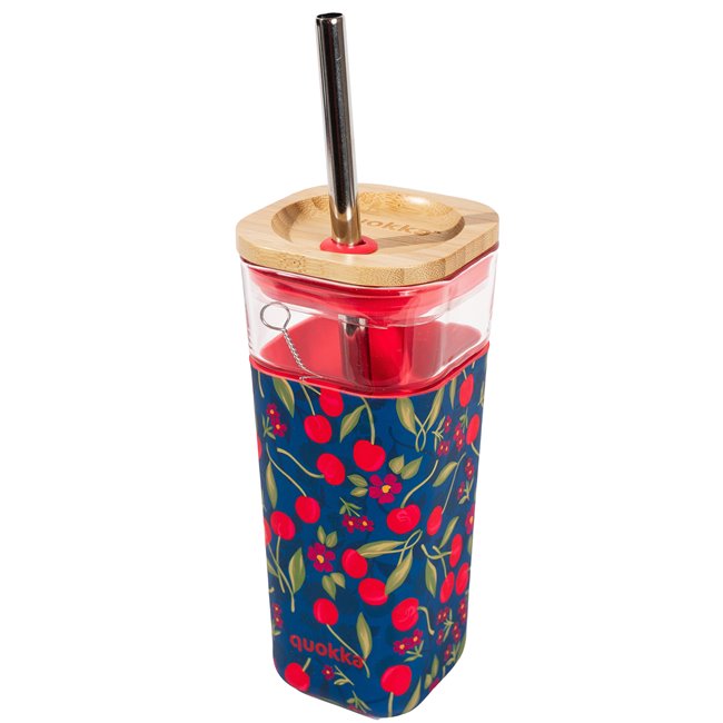 Glass tumbler Cherries w cover, straw, 540ml, H18 D8cm