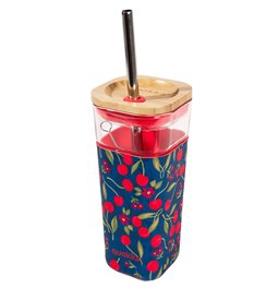 Glass tumbler Cherries w cover, straw, 540ml, H18 D8cm