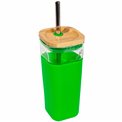 Glass tumbler Green w cover, straw, 540ml, H18 D8cm