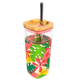 Glass tumbler Jungle Flora w cover, straw, 540ml, H18 D8cm