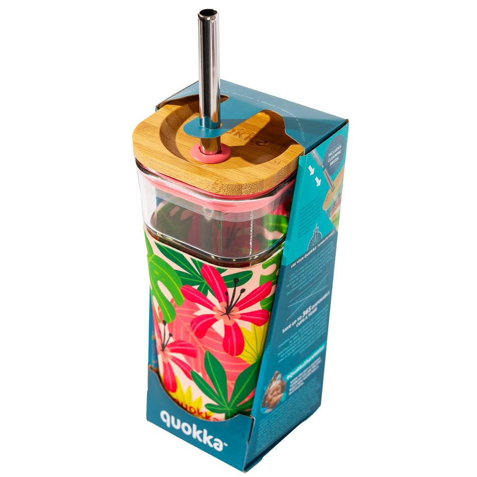 Glass tumbler Jungle Flora w cover, straw, 540ml, H18 D8cm