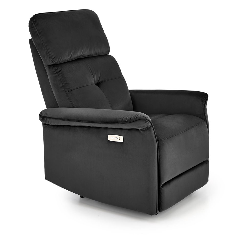 Electric recliner Hemiro, black velvet, USB charging socket, W90-170x80cm, H92-108cm, seat H46cm