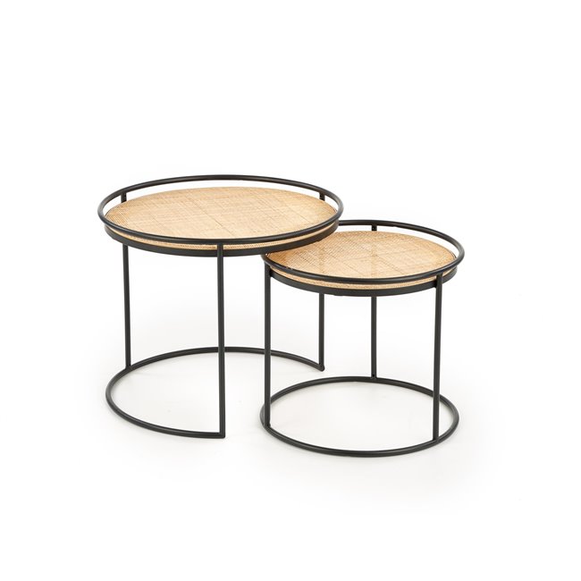 Side table set Hando, 2 pcs, black/natural, steel/rattan, D51cm, H42cm / D41cm, H37cm