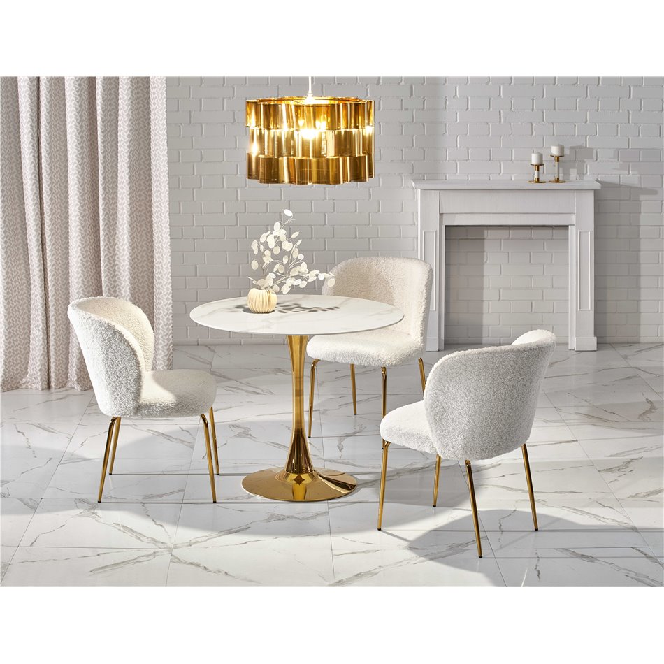 Table Hasemiro, white marble look/gold, glass/steel,  D90cm, H75cm