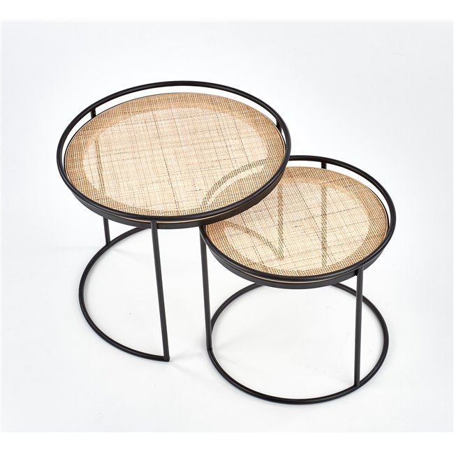 Side table set Hando, 2 pcs, black/natural, steel/rattan, D51cm, H42cm / D41cm, H37cm