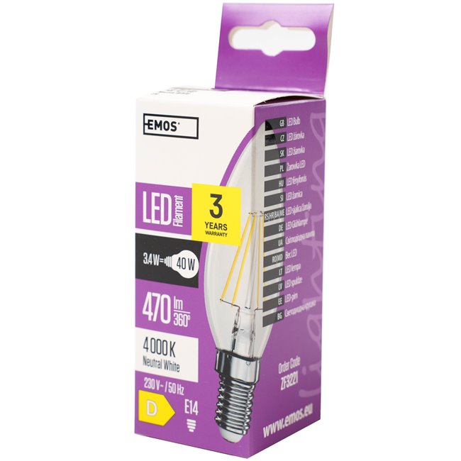 LED Bulb FLM Candle NW E14 3.4W, 470lm, 4000K, H10cm D3.5cm