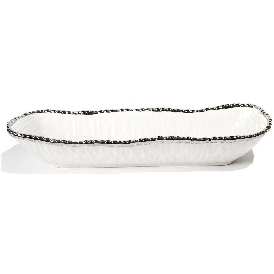 Decorat. ceramic fruit plate Galla,white/silv, 34x10.5x6.5cm