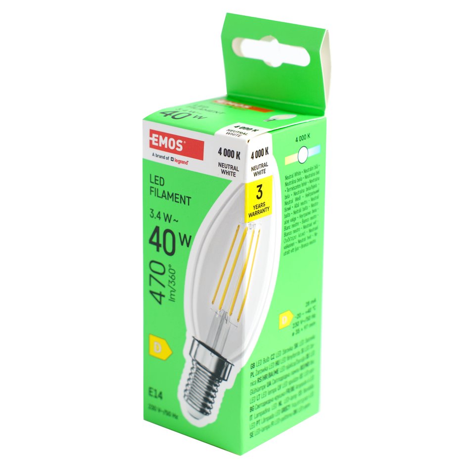 LED Bulb neutral white, E14 3.4W, 470lm, 4000K,H10x3.5x3.5cm