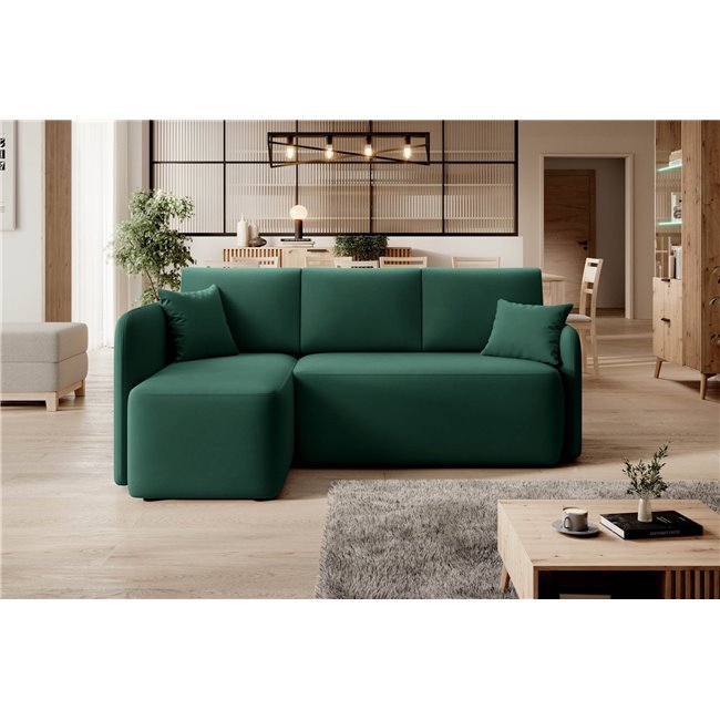 Corner sofa Elhandson L, sleeping function, Lukso 35, velvet, green, H89x150x206cm