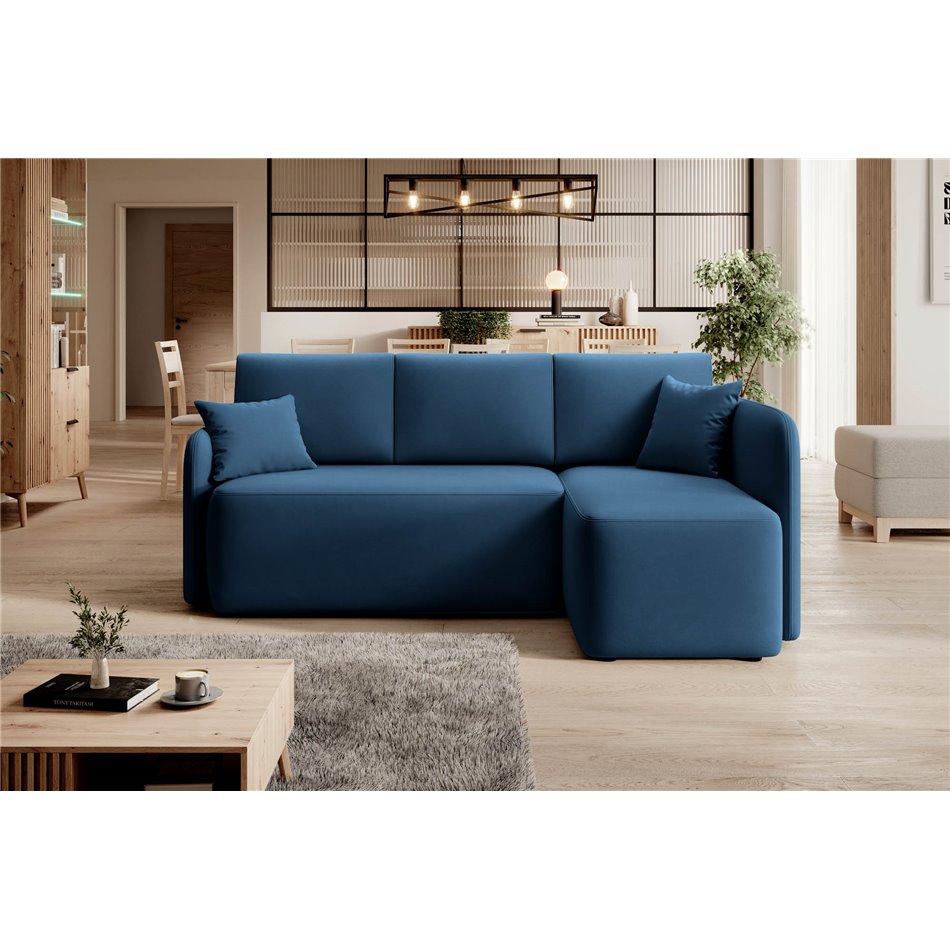 Corner sofa Elhandson R, sleeping function, Lukso 40, velvet, blue, H89x150x206cm