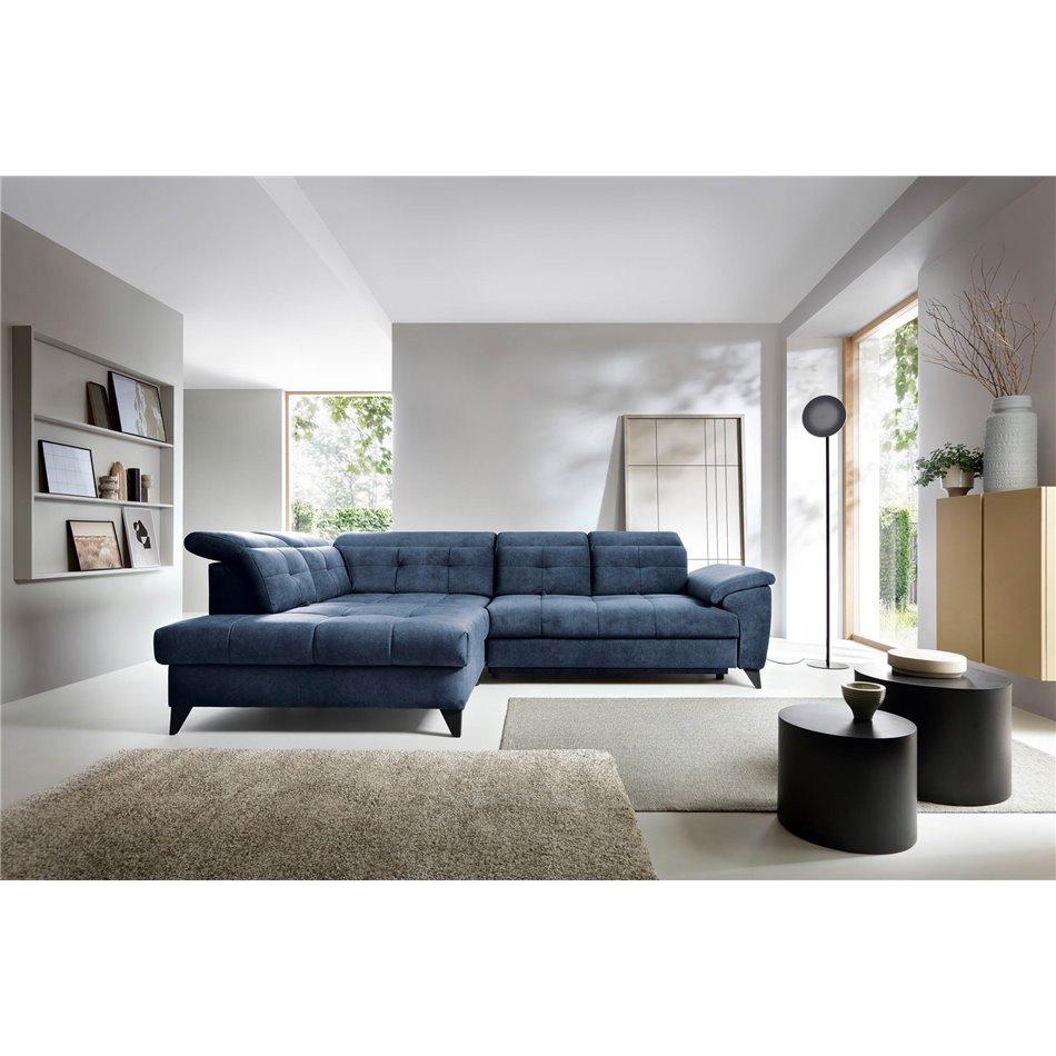 Corner sofa Elinferne L, sleeping function, Aura 40, velvet, dark blue, H107x210x297cm