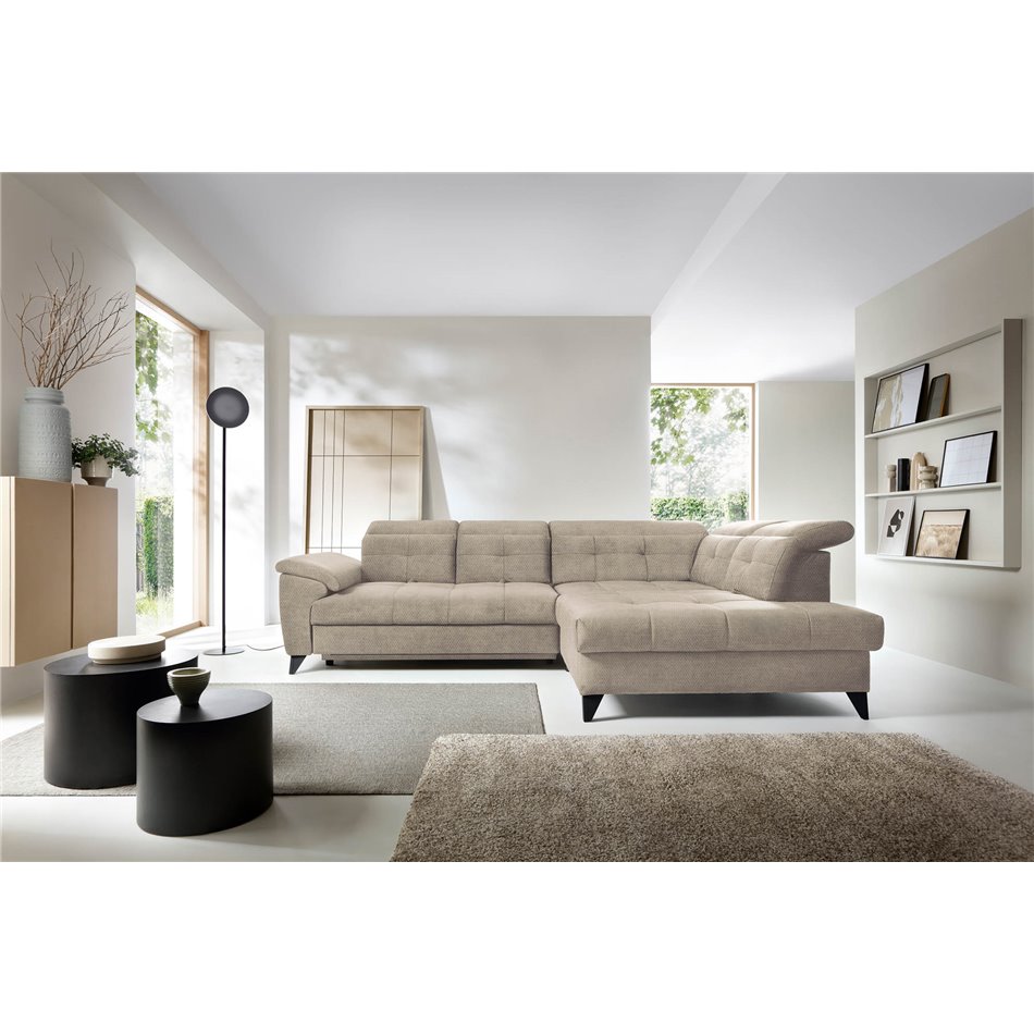 Corner sofa Elinferne R, sleeping function, Raquel 20, beige, H107x210x297cm