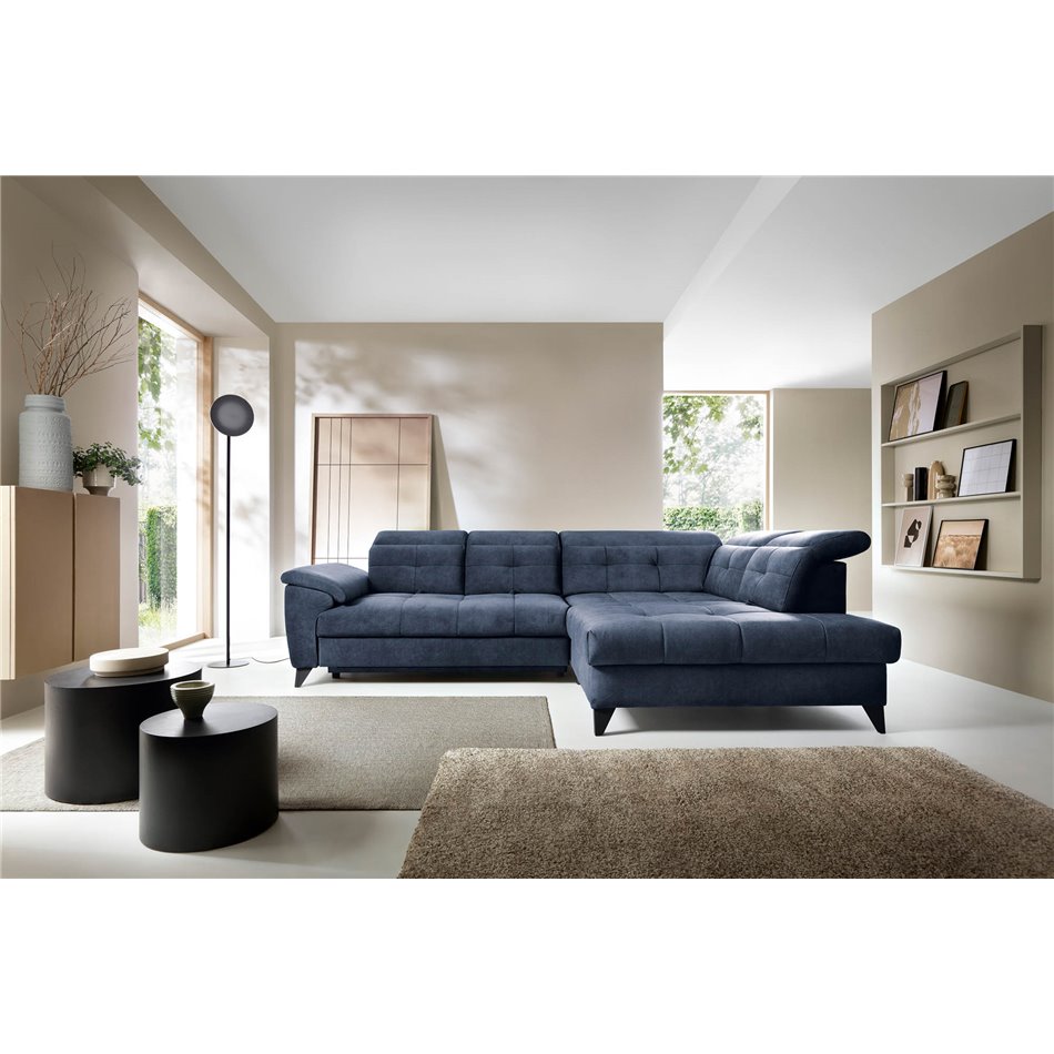 Corner sofa Elinferne R, sleeping function, Relax 40, velvet, dark blue, H107x210x297cm