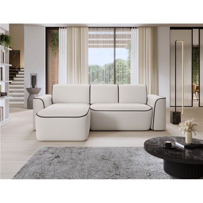 Corner sofa Elume L, sleeping function, Royal 01, Velvetmat 22, bouclé, white, H88x190x287cm
