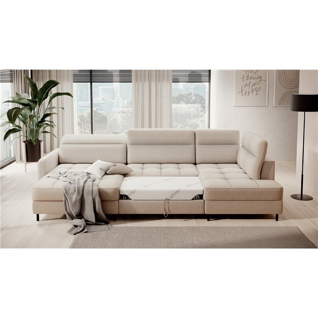 U shape sofa Elberto L, sleeping function, Raquel 18, beige, H100x165x306cm