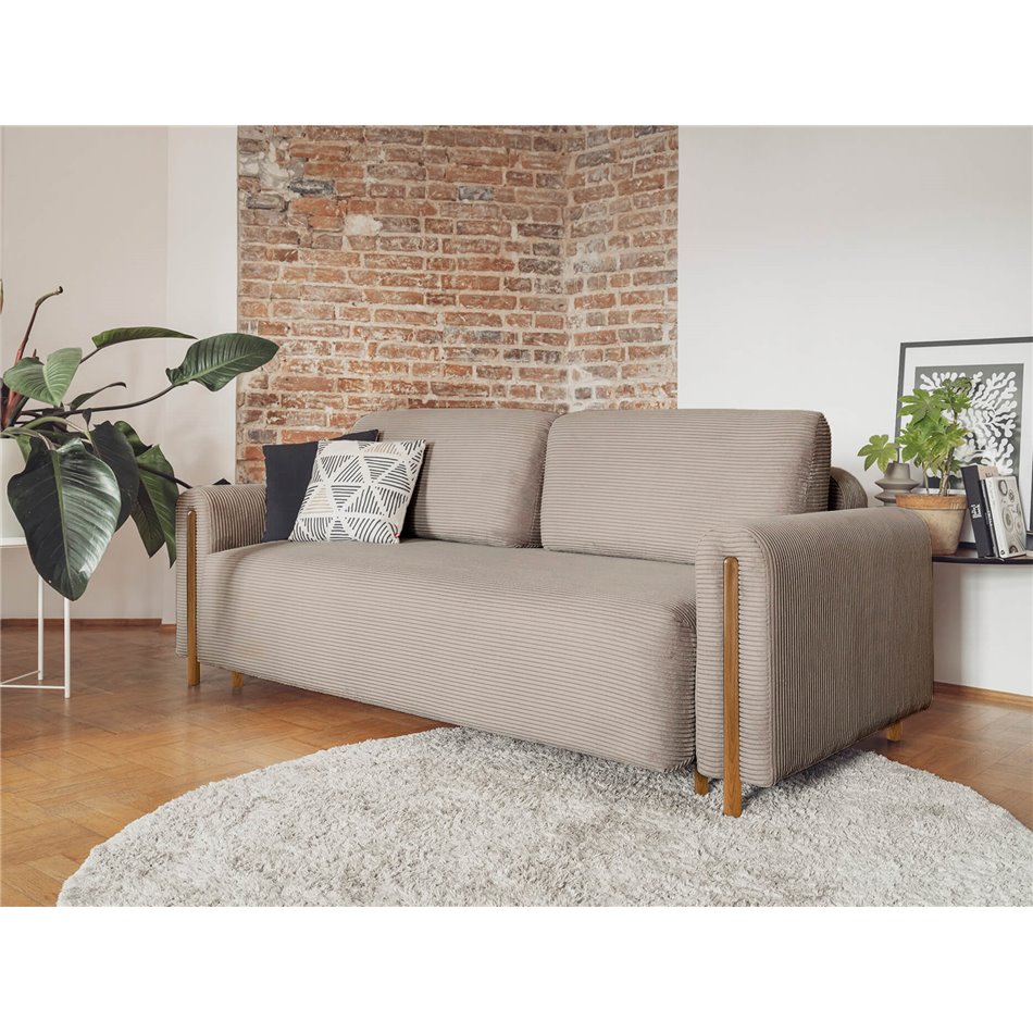 Sofa bed Elcadova Oak, sleeping function, Jarell 20, wavy velvet, dark beige, H97x97x244cm