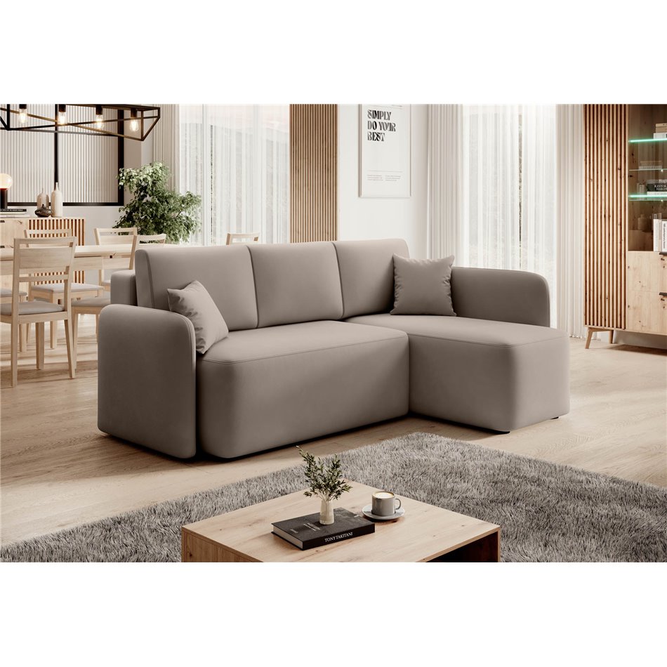 Corner sofa Elhandson R, sleeping function, Sola 18, beige, H89x150x206cm